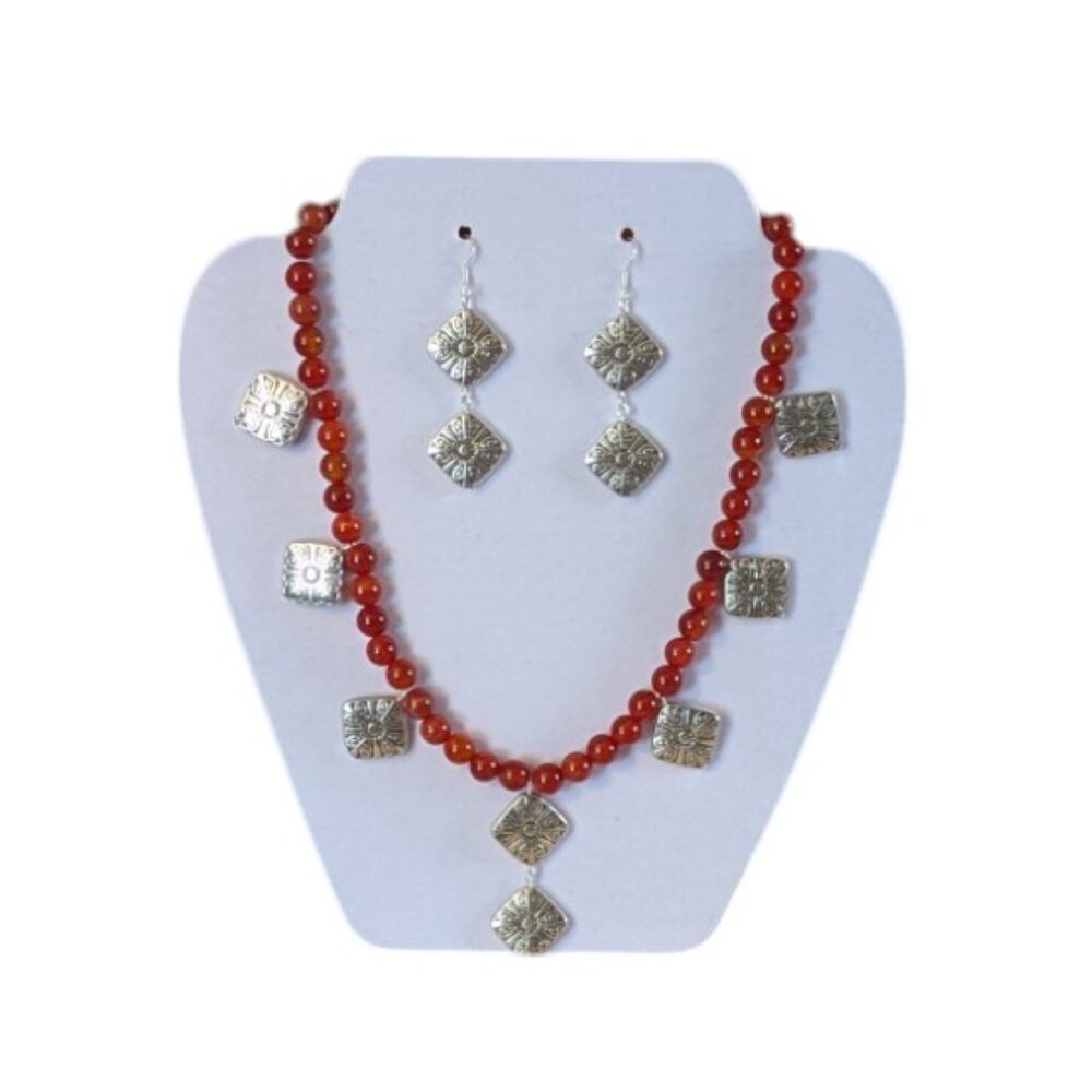 Women's Hand-Crafted silver dangle agate necklace & earring set, orange/red